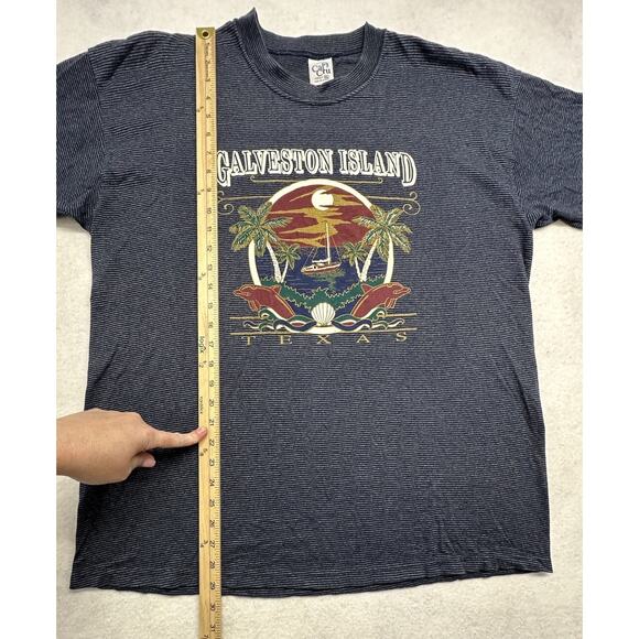 Vintage Galveston Island Size Large Tshirt Cal Cru Navy Stripe Destination - Picture 6 of 10